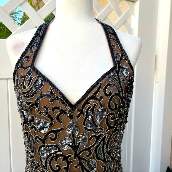 Vintage Oleg Cassini Black Tie Collection Silk Rhinestone Halter Dress Size 10 - Picture 5 of 15